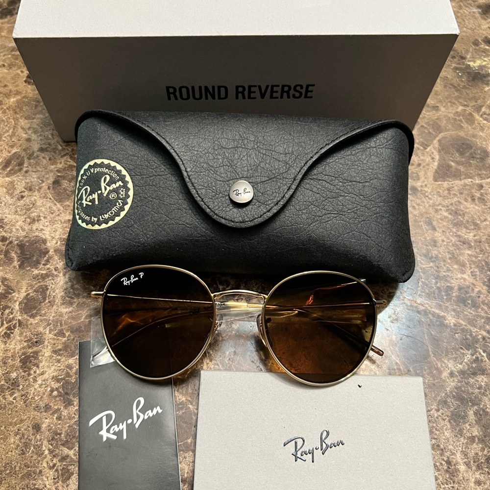 Ray-Ban Round Reverse Sunglasses Gold Frame with Brown Lenses